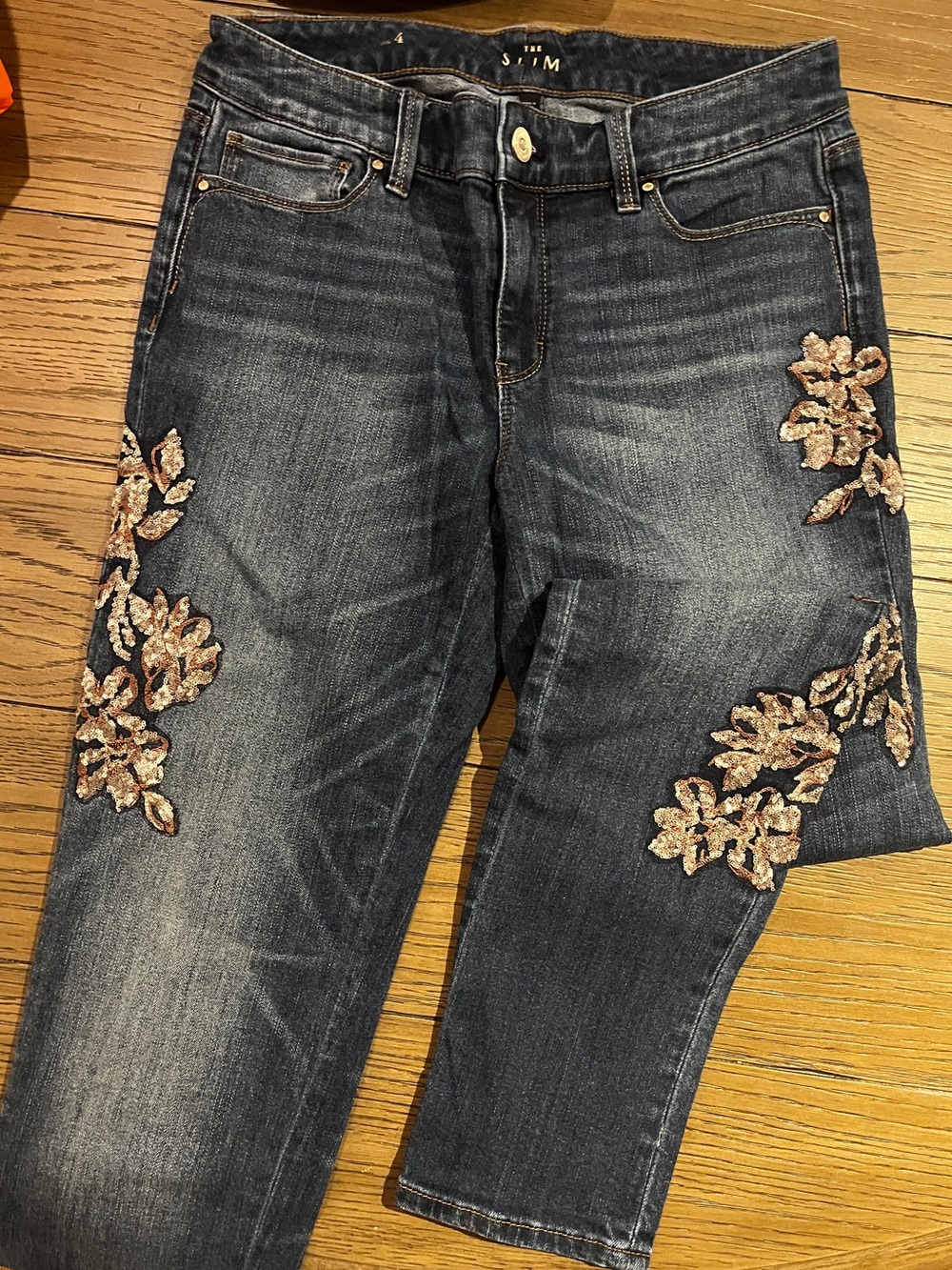 WHBM Women's Slim Jeans with rose Gold Floral Embroidery